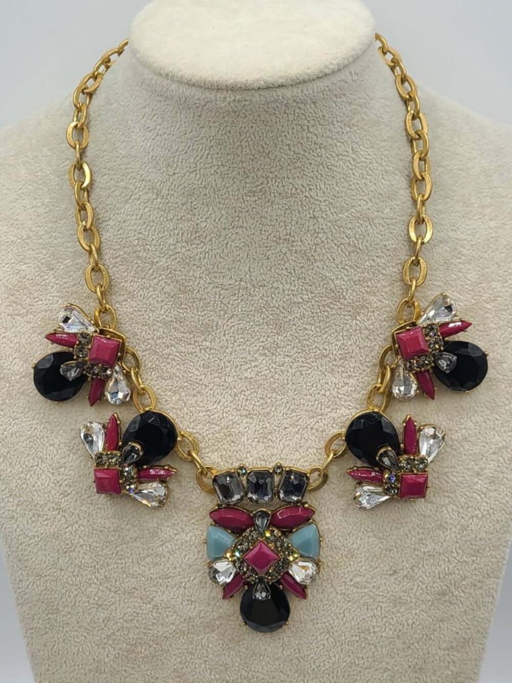 J Crew Vintage Black Blue Burgundy Resin Gold tone Statement Necklace